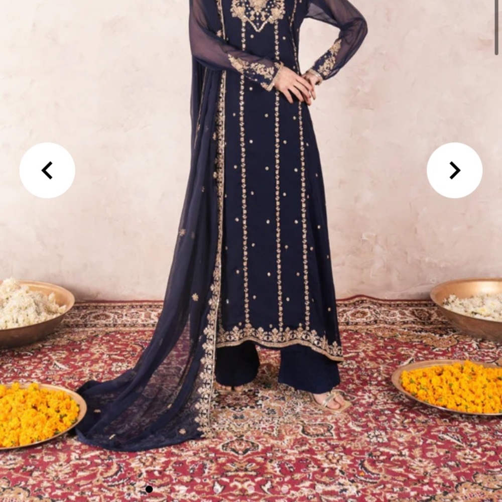 Pakistani Indian Bollywood PreLoved 3pc navy Blue Gold sequin gown duputta pants